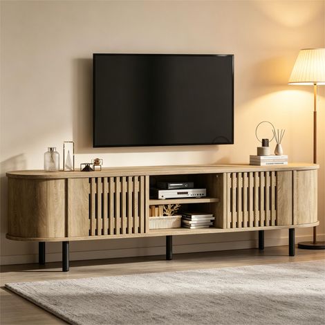 Meuble TV 160 x 40 x 47 cm, meuble bas à 2 compartiments, meuble de salon en bois ajouré, table TV couleur bois naturel, support TV à 5 pieds, compatible avec les téléviseurs jusqu'à 65 pouces. (1/5)