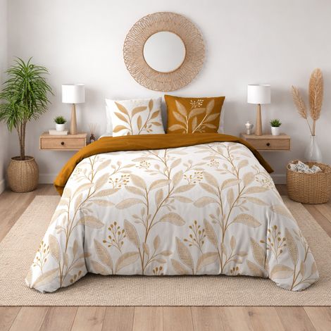 Parure de lit 260 x 240 cm – Coton 42 fils – Motif feuillage ocre – 2 taies 63x63 cm