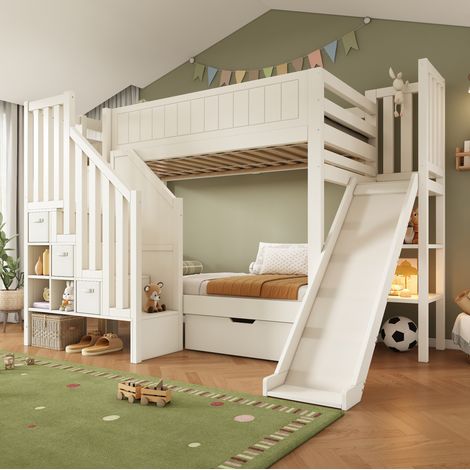 Litera infantil 90x200 cm blanca de madera con tobogán, escalera con almacenamiento y cajones (1/5)
