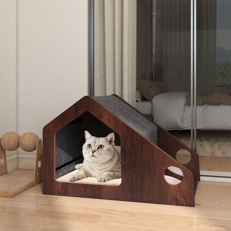 Maison en Bois pour Chat d'Intérieur Condo Polyvalent avec Station d'Alimentation Toit Amovible & Structure Métallique Meuble pour Chatons (1/3)