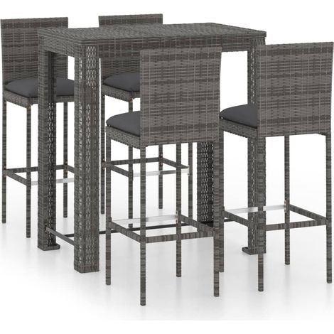 Ensemble de bar de jardin 5 pcs et coussins Résine tressée Gris 4 (1/5)