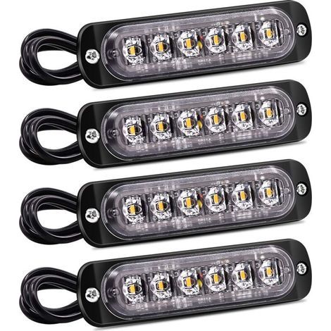 Lot de 4 feux latéraux stroboscopiques à 6 LED - Barre lumineuse de danger jaune - Signal de dysfonctionnement - Feux clignotants d'urgence étanches 12 V 24 V universels pour voiture camion-Crezuo (1/4)