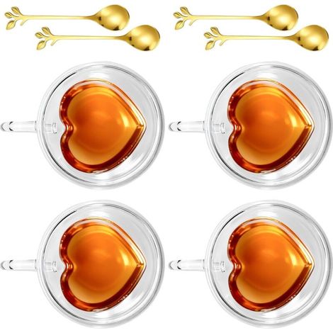 Set of 4 cappuccino cups, 240 ml - Double wall - With handle and spoon - Espresso cups - Tea glasses - Heart-shaped - For coffee, latte, cappuccino, tea, milk (1/5)