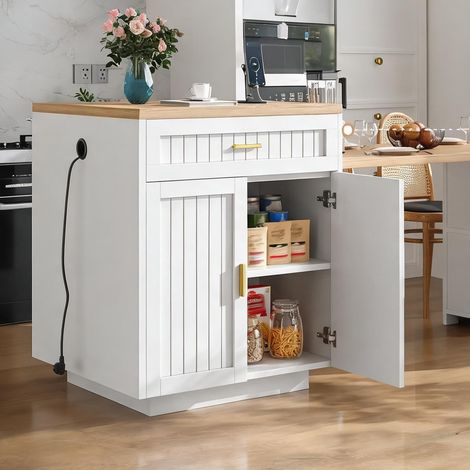 Îlot de cuisine extensible blanc avec prise intégrée en mDF métal (1/5)