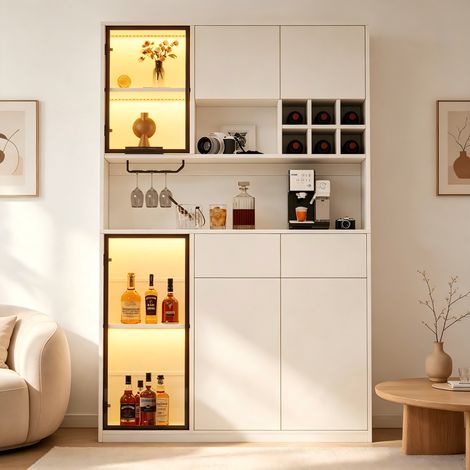 Vitrine haute 120x33x200 cm-6 portes dont 2 en verre trempé-2 tiroirs-LED-Niches ouvertes-Étagères réglables-Charnières amorties (1/5)