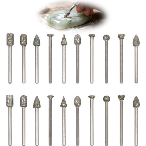 Lot de 20 Fraises Diamantées, Fraise Diamant Tige 1/8" (3mm) pour Gravure Sculpture Meulage Polissage Pierre Verre Céramique Marbre Granit Métal Bricolage Artisanat DIY Accessoire Outils Rotatifs (1/5)