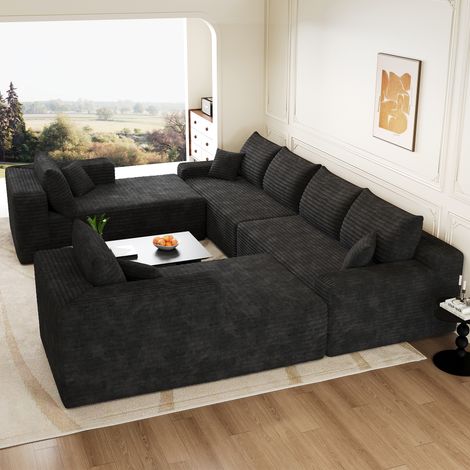 Ampio divano angolare modulare a forma di U a 8 posti in velluto a coste nero,senza struttura rigida,con imbottitura in schiuma compressa, 302x242 cm