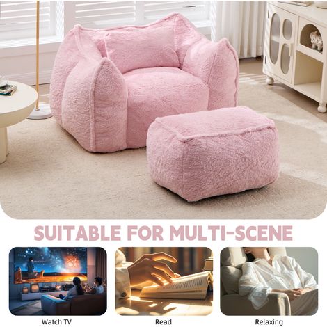 Fauteuil Poire Géant Adulte & Enfant, Canapé Sac en Fausse Fourrure Rose avec Coussin et Pouf, Confortable Siège Lounge pour Lecture et Jeux, Salon et Chambre (1/5)