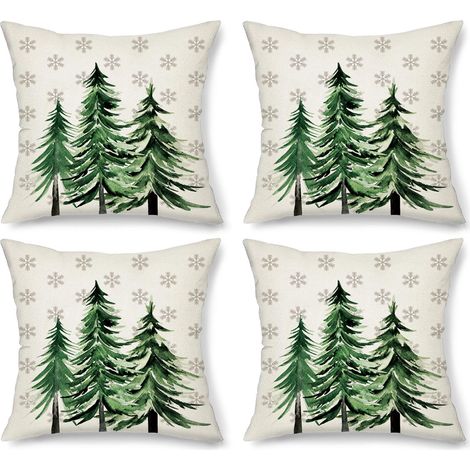 Housse De Coussin Noel - Lin - Motif Sapin Noël Flocon 45x45 Cm - Pour Canapé Chambre Salon - Lot De 4 (1/5)
