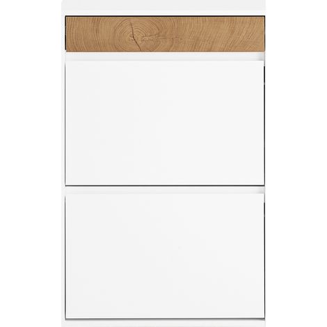 SoBuy Scarpiera Salvaspazio Slim Ingresso - Mobile Scarpiera con 2 Ante a Ribalta e Cassetto - Design Nordico per Ingresso Moderno - Armadio in Legno Bianco e Rovere - 61x26x91cm FSR205-WN