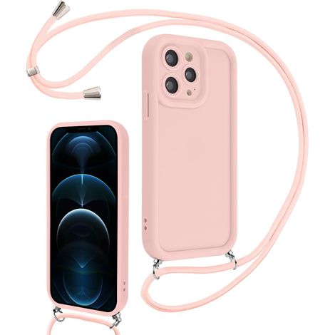 Coque pour iPhone 12 Pro 6,1" avec Cordon de Collier Réglable, Etui Protection de la Caméra Silicone Souple TPU Antichoc Housse avec Corde Lanyard Cover pour Femmes Filles, Rose (1/5)