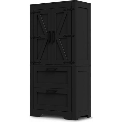 Buffet noir en MDF avec 2 tiroirs et étagères réglables, meuble de rangement pour cuisine et salon (1/5)