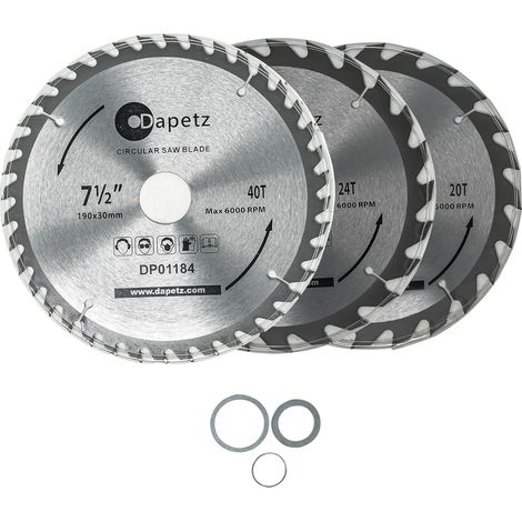 Dapetz ® 3Pc 190mm TCT 30mm Bore Circular Saw Blades 20, 24 & 40 Teeth Hardwood, Softwood,Tile Stone & Concrete,for Cutting Concrete, Masonry, Stone, Asphalt,Marble, Retractories, Granite. (1/5)