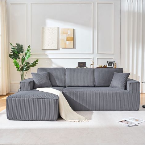 Divano angolare modulare a L in velluto a coste grigio con 2 cuscini OKWISH (1/5)