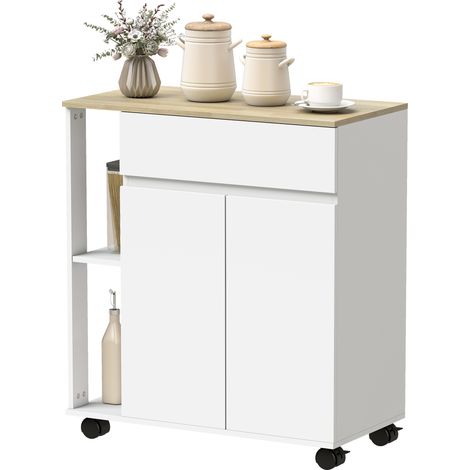 HOMCOM Carrello da Cucina con Cassetto, Armadietto e Ripiani Bianco e Rovere (1/5)