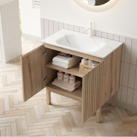 Mobile lavabo a pavimento 80 cm con lavabo integrato in pietra sinterizzata, bianco rovere (1/4)