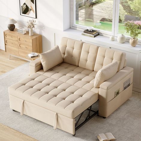 Canapé-lit 2 places avec dossier réglable 3 positions 159x142,5x92cm,2 coussins,rangements accoudoirs,coton lin,beige (1/5)