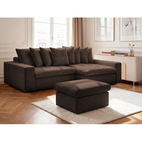 BOBOCHIC - Canapé d'angle fixe ENORE velours côtelé avec pouf Angle droit Marron