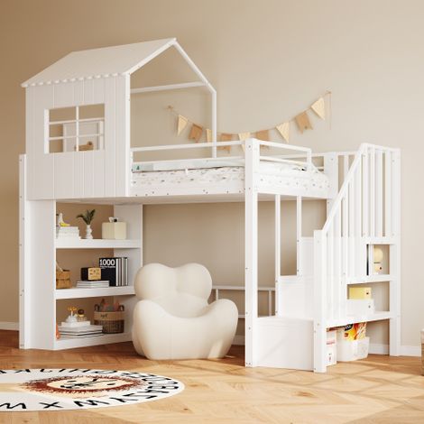 Cama altillo de 90x200 cm - con escalera con almacenamiento y estantes - blanco - de MDF - sin colchón (1/5)