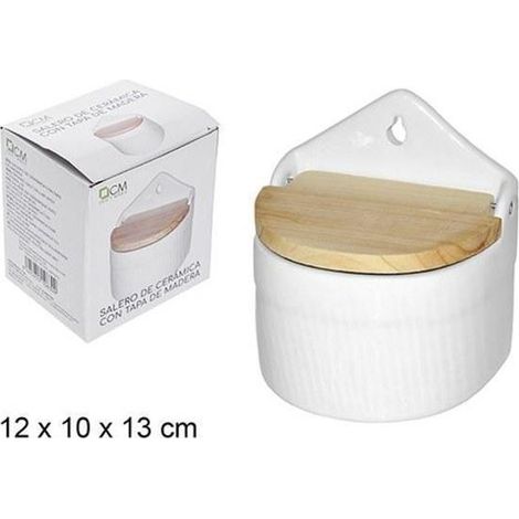 salero para cocina de ceramica blanca con tapa y colgador 12x10x13 cms casa y menaje