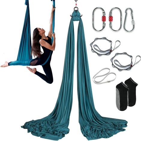 Hamac de Yoga Aérien 5x2,8 m Kit Balançoire de Yoga Inversion Danse Aérienne en Nylon 100 g/m² Charge 1000 kg Vol Anti-gravité d'Air pour Fitness Musculation Pilates Gym Maison Studio Vert