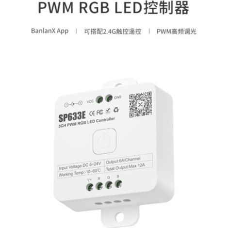 Contrôleur LED RGB PWM 3CH SP633E avec application mobile et télécommande tactile 2,4G via boîtier 86 broches.