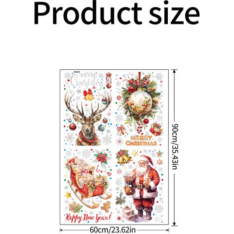 Autocollant statique en verre avec motif de Père Noël pailleté, traîneau, rennes et flocons de neige - Décoration de fenêtre auto-adhésive pour les fêtes de fin d'année - JTHT94070