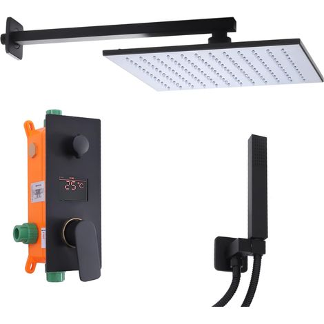 Duscharmatur Komplettset, Schwarz Unterputz Duscharmatur Set, Regendusche Set 2-Funktions Duschsystem, Duschsystem mit Handbrause Kopfbrause für Badezimmer, 300 X 300 MM