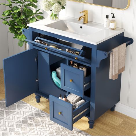 Meuble vasque moderne bleu avec vasque céramique, 99,5 x 45 x 86 cm, 2 tiroirs, abattant et étagère coulissante (1/5)