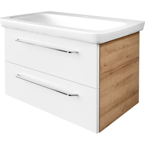 Fackelmann MILANO Badmöbel Set 2 Teile – Waschtisch mit Unterschrank fürs Bad – Waschbeckenunterschrank mit Schubladen in Weiß mit Holz braun – Badschrank hängend – 90 cm breit"-"08425 (1/4)