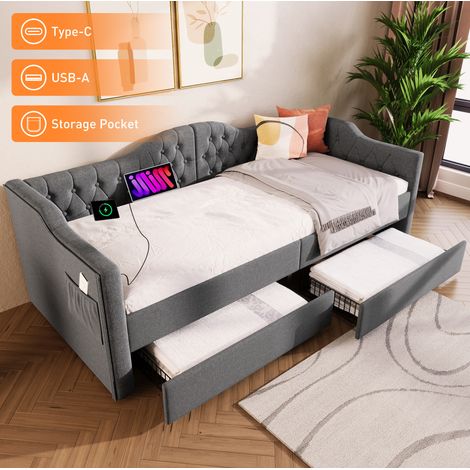 Divano letto imbottito 90x200 cm con 2 cassetti e presa USB Type C, lino grigio, senza materasso (1/5)