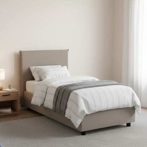 Talamo Italia Letto singolo Christine, Letto contenitore con rivestimento in ecopelle, 100% Made in Italy, Apertura frontale, adatto per materasso Cm 90x200, Tortora, con imballo rinforzato (1/5)