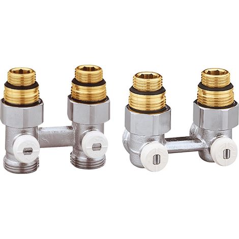 Thermador – Vanne papillon double en H bitube droit femelle 15x21 – Corps laiton nickelé – Entraxe 50mm pour radiateur – Livrée avec mamelon MM 3/4" - 1/2"