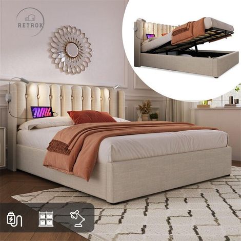 Lit coffre 140x200cm avec 2 lampes de lecturse et 2 prises USB cadre de lit en lin avec tête de lit, sommier à lattes, beige (1/5)