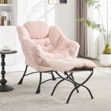 Ohrensessel mit Fußstütze, Relaxsessel mit Hocker, Liegesessel mit Armlehnen und Seitentasche – Lesesessel fürs Wohnzimmer, Rosa