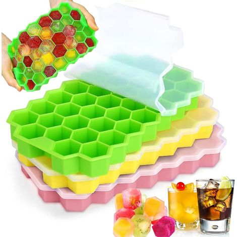 3 pièces Moule à glaçons hexagonal en silicone avec couvercle  47 glaçons, sans danger pour les aliments et facile à desserrer