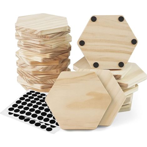 Lot de 24 sous-verres hexagonaux en bois brut de 10 cm, pour les loisirs créatifs. (1/5)