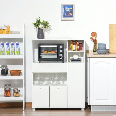 Meuble micro-onde armoire cuisine, 2 placards, 4 niches, tiroir coulissant, bois blanc, 90Lx40lx120H cm