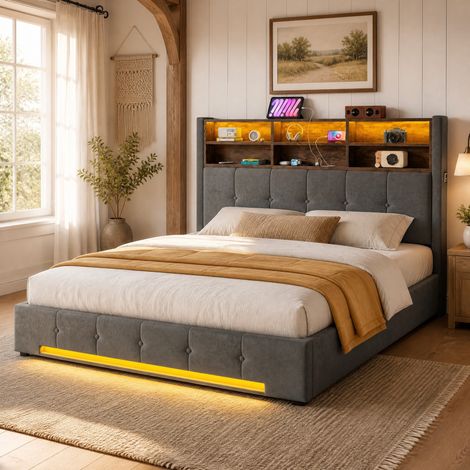 Letto contenitore 160x200 cm in velluto grigio scuro con testiera multifunzione, LED e USB-C (1/5)