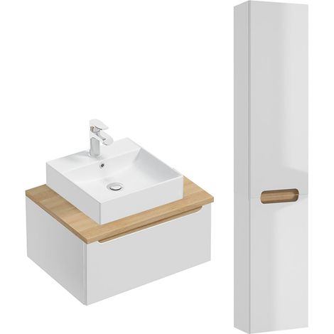 Ensemble meuble simple vasque 60cm 1 tiroir et colonne Livia Blanc et Bois (1/5)