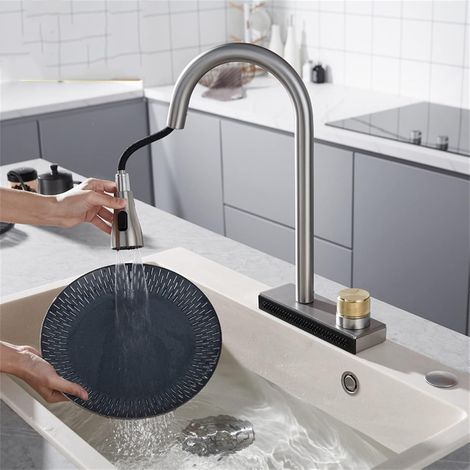 Robinet de Cuisine avec Douchette Extensible Mitigeur Cuisine avec Sortie Cascade Rotatif à 360° Chaud et Froid Réglable Brossé (1/5)