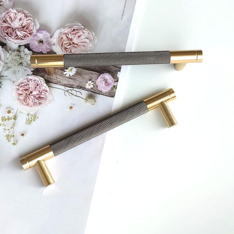 Set mit 2 modernen goldenen Schrankgriffen, 160 mm Lochabstand, Küchentürgriffe, Vintage-Griffe für Küchenschränke, Kommoden, Kleiderschränke (Goldgrau)