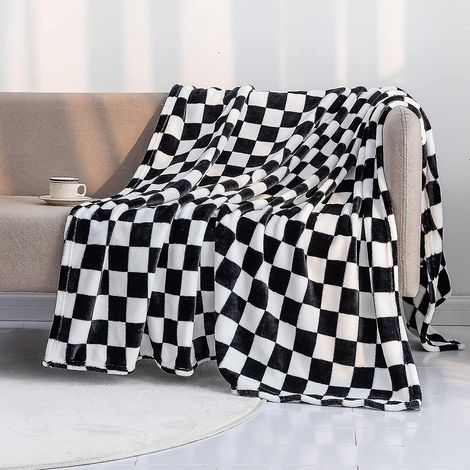 Couverture en flanelle à carreaux noirs et blancs - Jeté léger et confortable en microfibre pour canapé et lit (1/5)