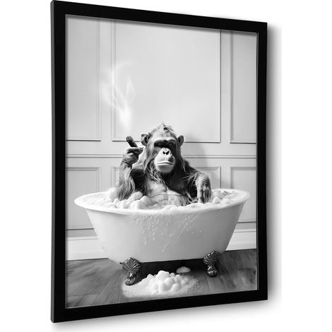 Gerahmte dekorative Wandkunst für das Badezimmer, Schimpanse in der Badewanne, schwarz-weiße Wandkunst, lustige dekorative Schilder für die Badezimmerwand, niedliche Tierkunst für Zuhause (16 x 20 Zol