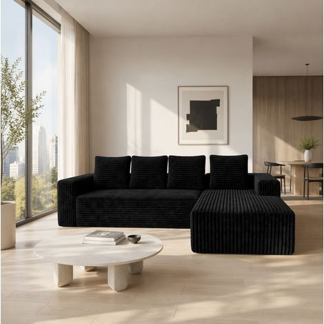 Canapé d’angle modulaire en velours côtelé noir avec méridienne à gauche (1/5)