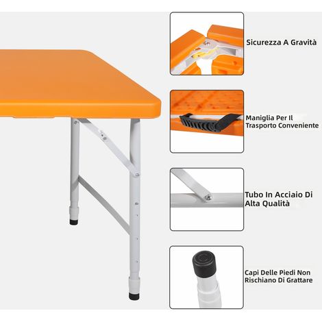 Tavolo pieghevole portatile 125 cm con maniglia, altezza regolabile per interni ed esterni, capacità 135 kg, colore arancione, ideale per campeggio picnic feste (1/5)