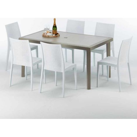 Polyrattan Tisch Rechteckig mit 6 Bunten Stühlen 150x90 Beige Marion