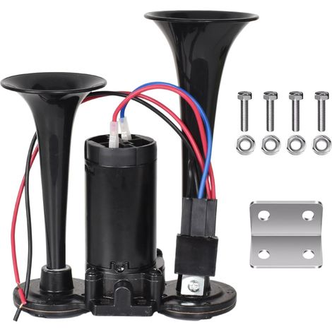 Klaxon à Air 12V, Son Super Puissant de 150DB à Double Trompette Klaxon de Voiture Universel avec Compresseur pour Véhicules, Camions, Motos, Bateaux, Trains, Camionnettes et Plus (Noir) (1/5)
