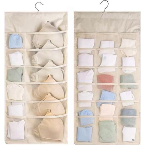Organiseurs de penderie à suspendre pour Chaussettes sous-vêtements Cravates de Soutien-Gorge, Sac à sous-vêtements suspendu pour Penderie Placard, 12+18 poches, utilisable des deux côtés (Beige) (1/5)