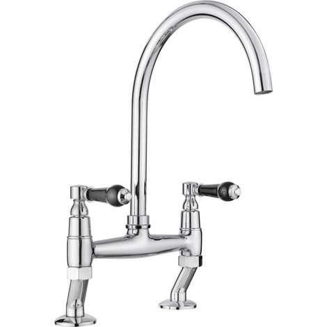 JASSFERRY Bridge Mixer Tap Black Ceramic Lever Handles 2 Hole Kitchen Faucet with Swivel Spout (1/5)
